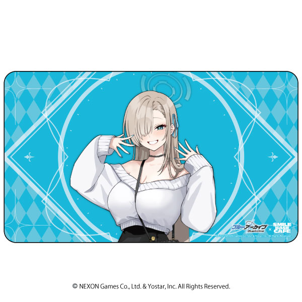 Rubber playmat showing an illustrated Asuna in an autumn outfit against a blue patterned background.