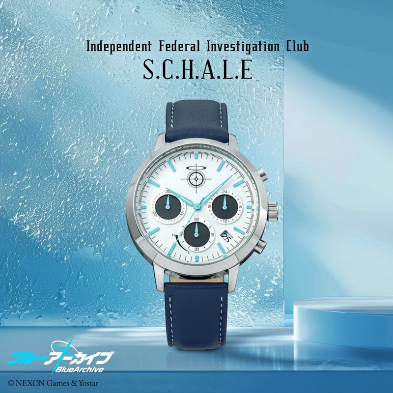 Front view of the ブルーアーカイブ (Blue Archive) teacher model solar watch with a silver metal case, white dial, and blue leather strap.