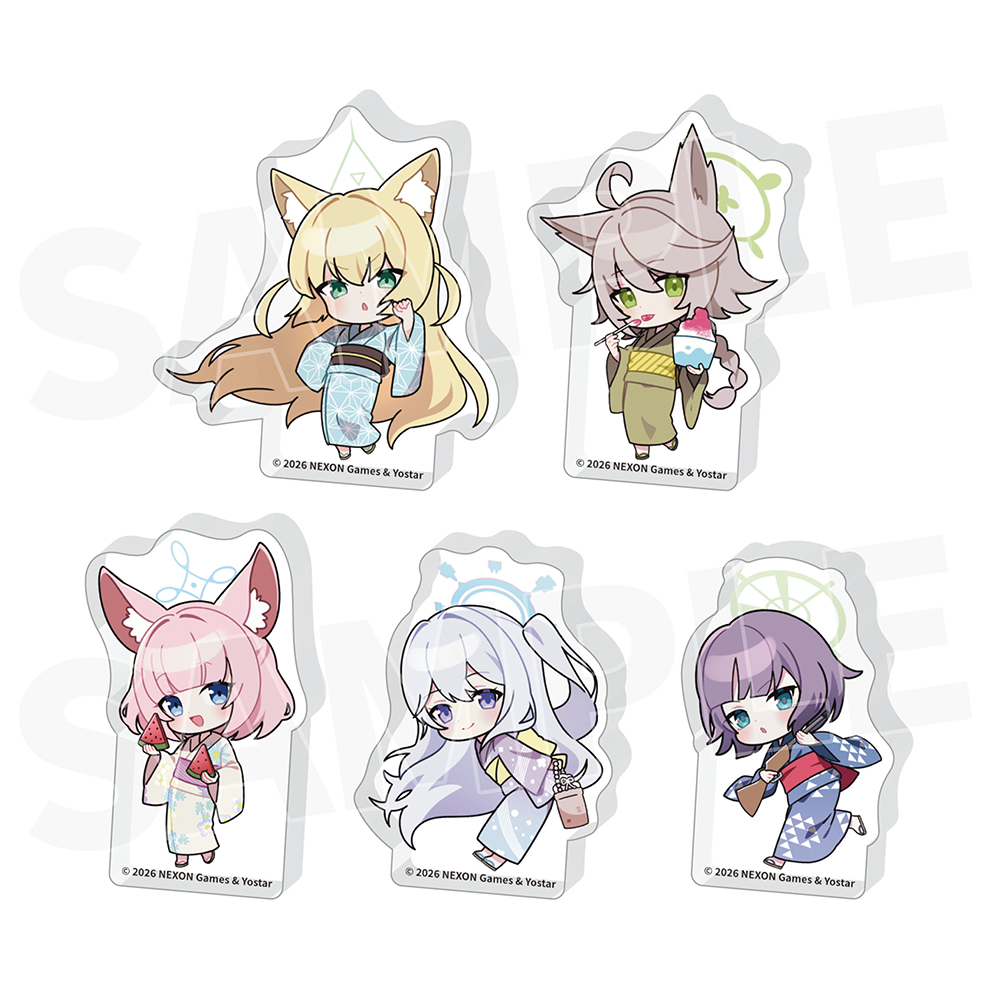 Five chibi acrylic stand designs from Blue Archive SRT特殊学園 shown against a white background.