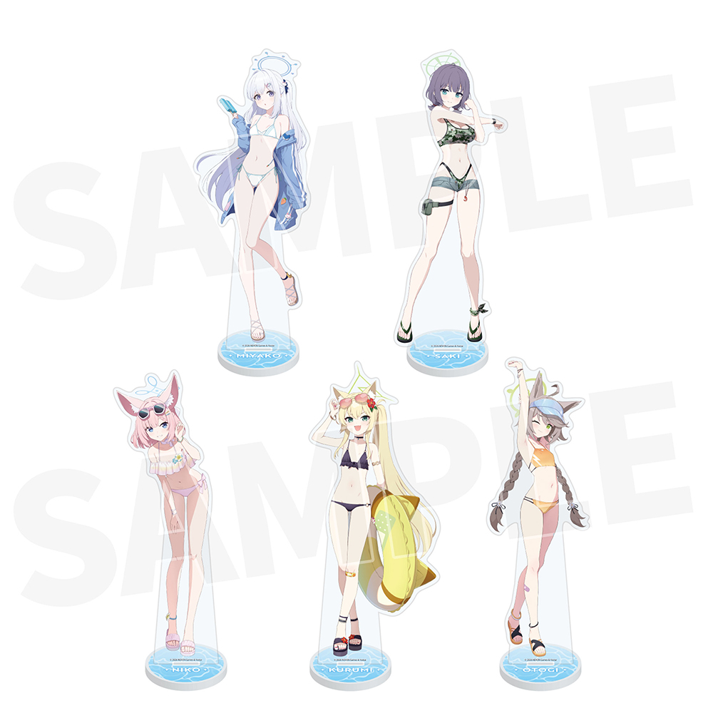 Five acrylic character stands from the Blue Archive SRT decorative stand set displayed on a white background.