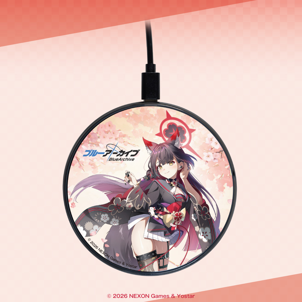 Round wireless charger pad featuring 'Blue Archive' Wakamo character artwork with an attached cable.