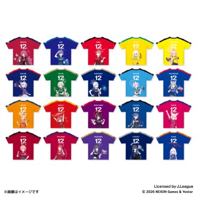 Collage of multiple colored Blue Archive × J-League T-shirt mockups showing front views with character illustrations and the number 12 on each shirt.