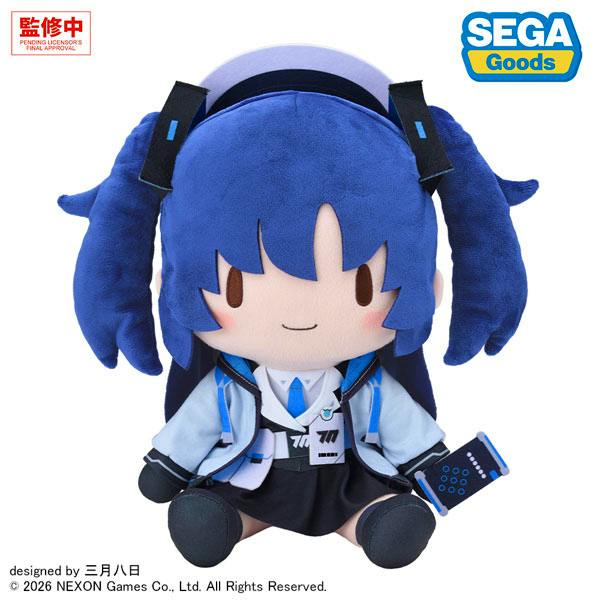 Seated plush of Yuuka from Blue Archive with blue twin-tail hair, wearing a blue-and-black uniform and holding a small handheld device.
