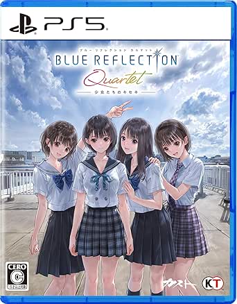 Front cover art of the PS5 game BLUE REFLECTION Quartet showing four schoolgirls in uniforms standing on a rooftop under a cloudy sky.