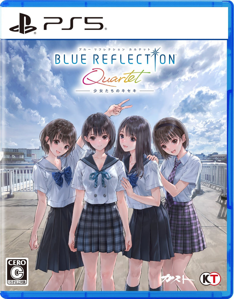 PS5 game cover art for BLUE REFLECTION Quartet showing four schoolgirls standing on a rooftop under a cloudy sky.