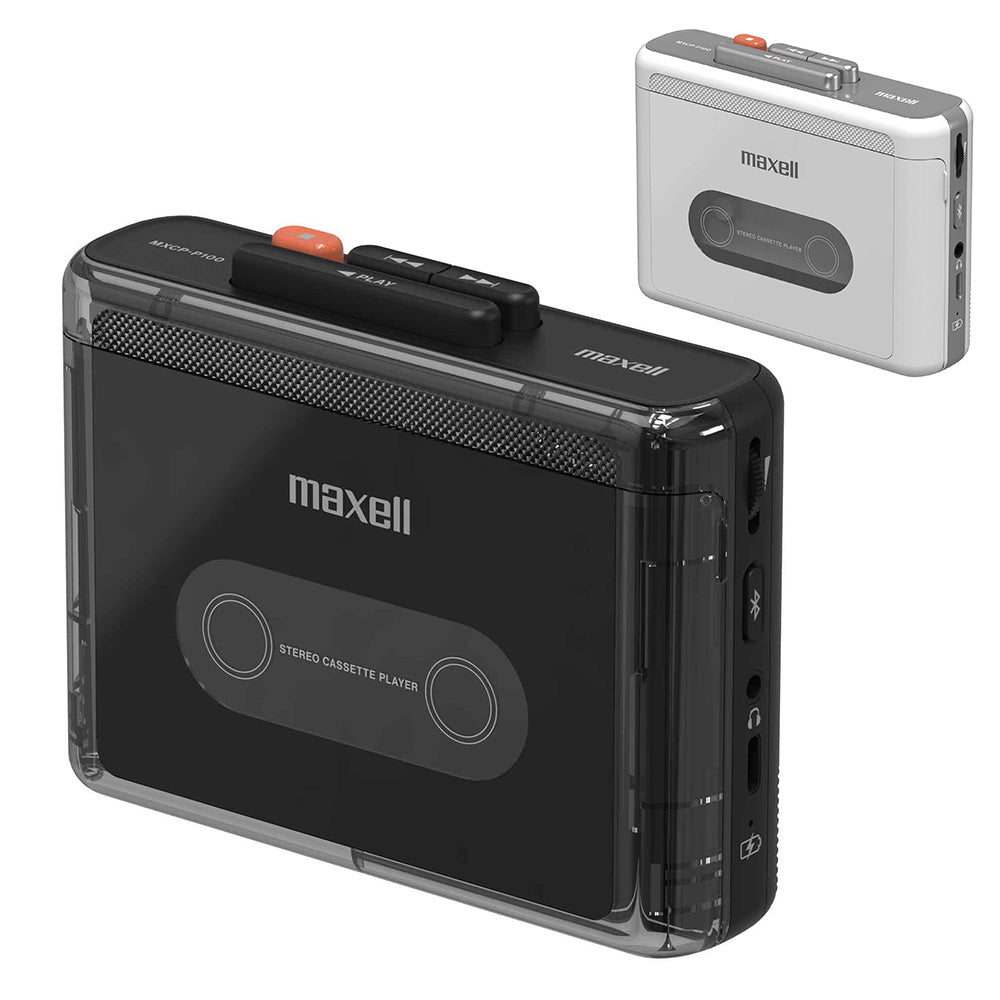 Black portable Maxell Bluetooth cassette player shown at an angle with a small white variant inset.
