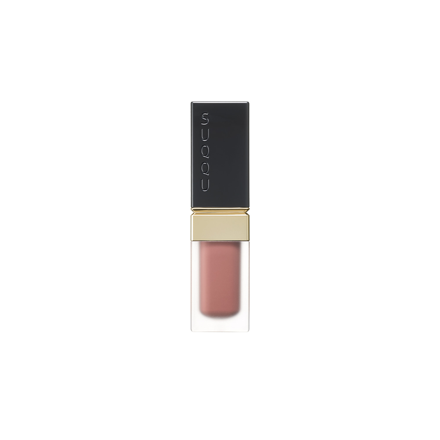 Front-facing tube of the lip gloss showing a rose-nude liquid in a clear rectangular bottle with a black cap and gold band on a white background.