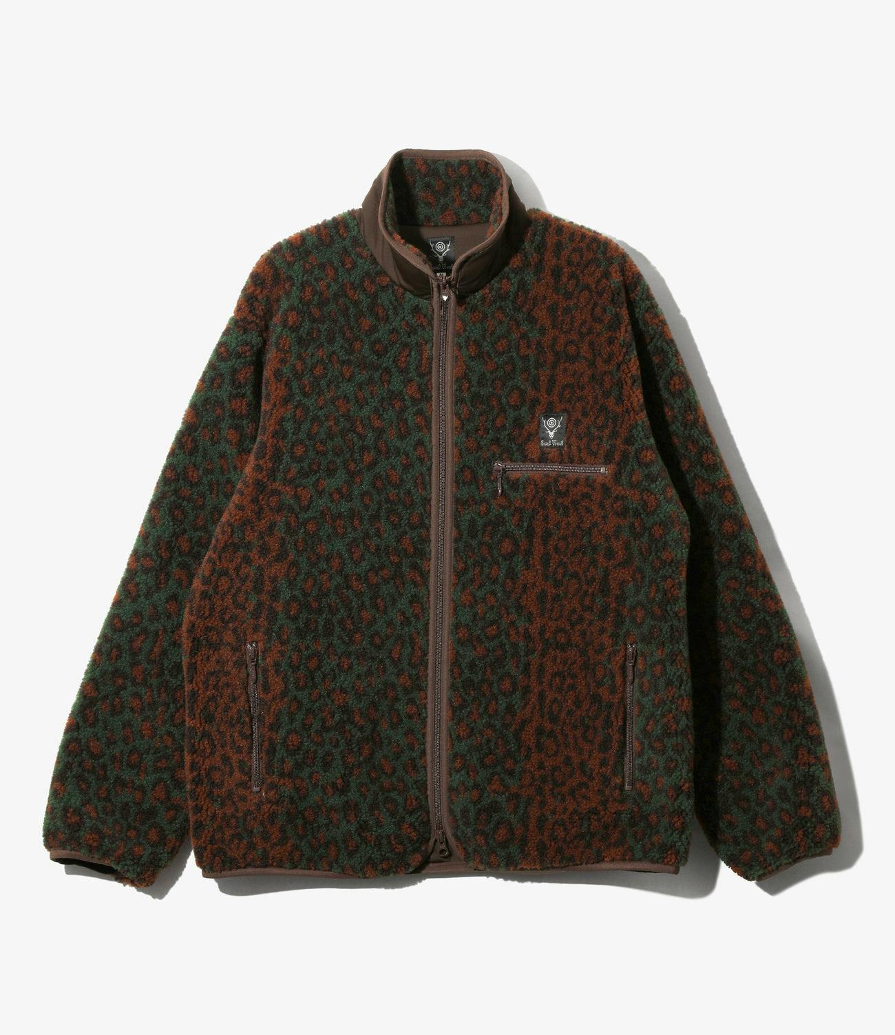 Front view of a men's boa jacquard piping fleece jacket in brown and green with a full-length zipper and zippered pockets.