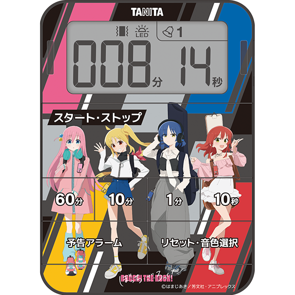 Front view of the TD-436 kitchen timer with a digital display and Bocchi the Rock! anime character artwork on its face.