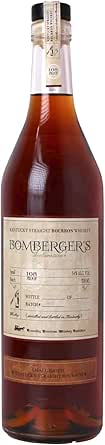 Front view of a Bombergers Declaration bourbon whiskey bottle with visible label and amber liquid.
