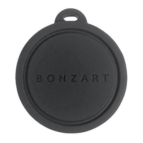 Front view of a round black BONZART camera lens cap with a small attachment tab.