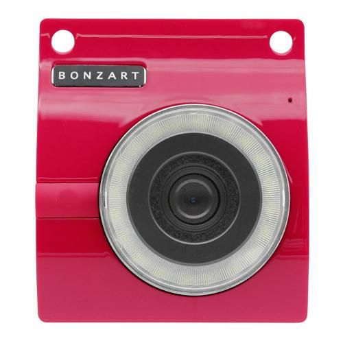 Front view of the rose BONZART ZIEGEL toy digital camera showing its lens, circular flash ring, and BONZART badge.
