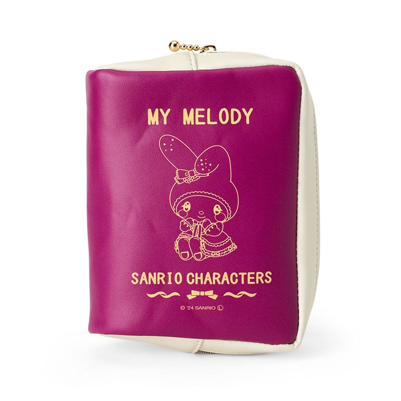 Front view of a purple book-style travel pouch (polyester) printed with 'MY MELODY' and a Sanrio character.