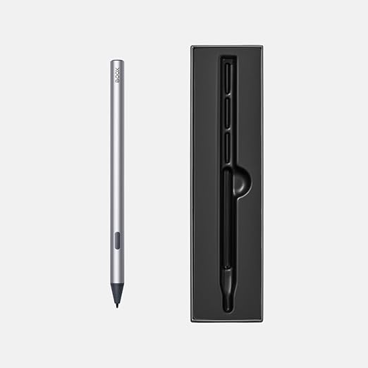 A silver BOOX InkSense Plus active stylus pen shown next to its black molded packaging tray on a light background.