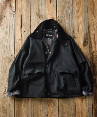 Black men's polyester BORROWDALE jacket laid flat on a wooden background showing the front, collar, pockets, and inner label.