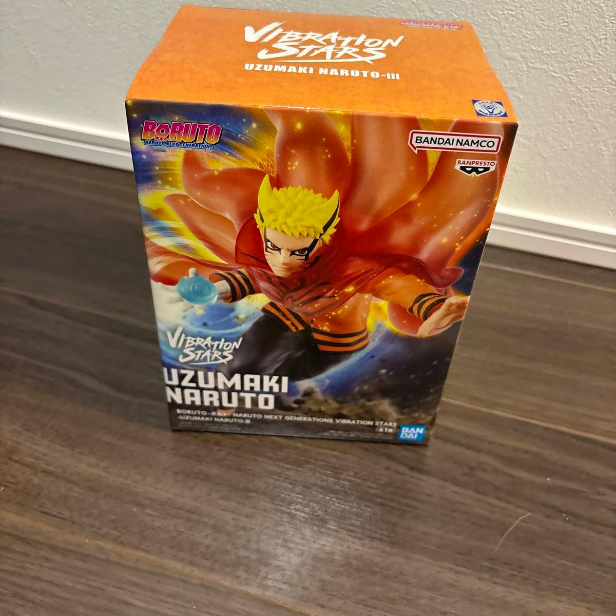 Photo of the boxed Vibration Stars Uzumaki Naruto-III figure showing the front artwork and branding on the packaging.