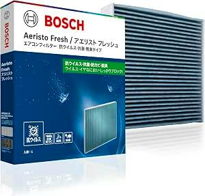Bosch Aeristo Fresh AFS-H10 N anti-virus car air conditioner filter shown next to its box, with the rectangular pleated filter visible.