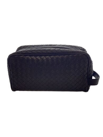 Black woven leather Bottega Veneta second bag shown front-on against a white background.