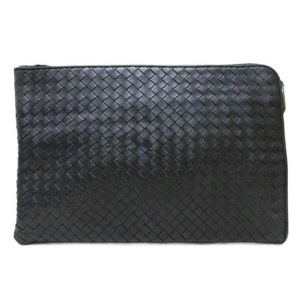 Front view of a black Bottega Veneta intrecciato leather clutch bag.