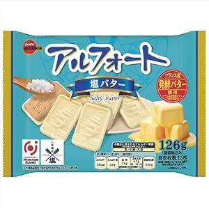 Package of Bourbon Alfort Salt Butter chocolate snack (126 g) showing biscuits with white coating, butter cubes, and Japanese packaging design.