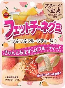 Front photo of the packaged Bourbon Fettuccine Gummy Crushed Fruit Tea Flavor bag with Japanese text and pictured gummy pieces.
