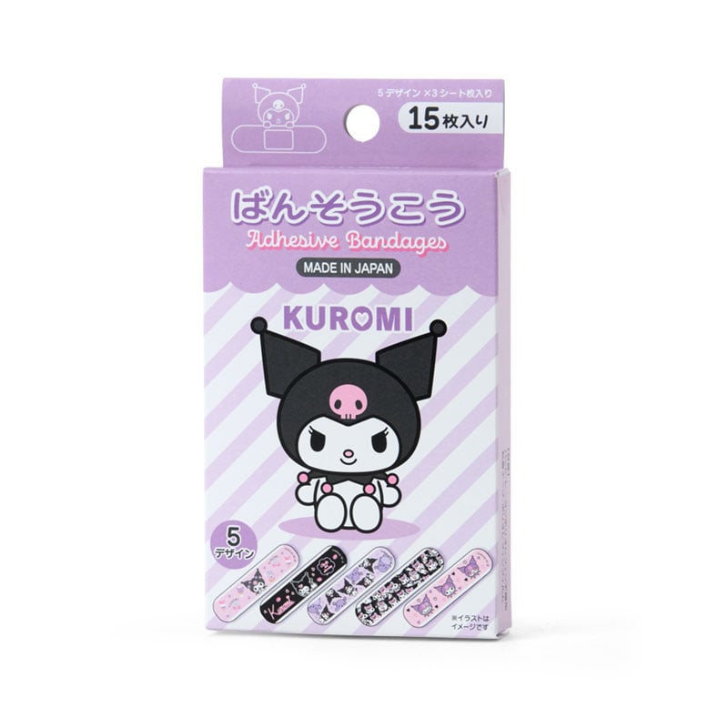 Boxed adhesive bandages in purple packaging featuring the Kuromi character and sample bandage designs.