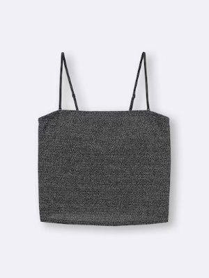 Dark gray glitter cropped tube top with thin straps photographed on a white background.