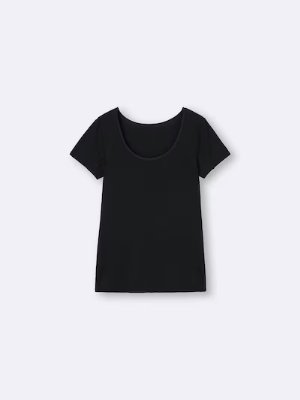 Black rayon T-shirt laid flat on a light background.