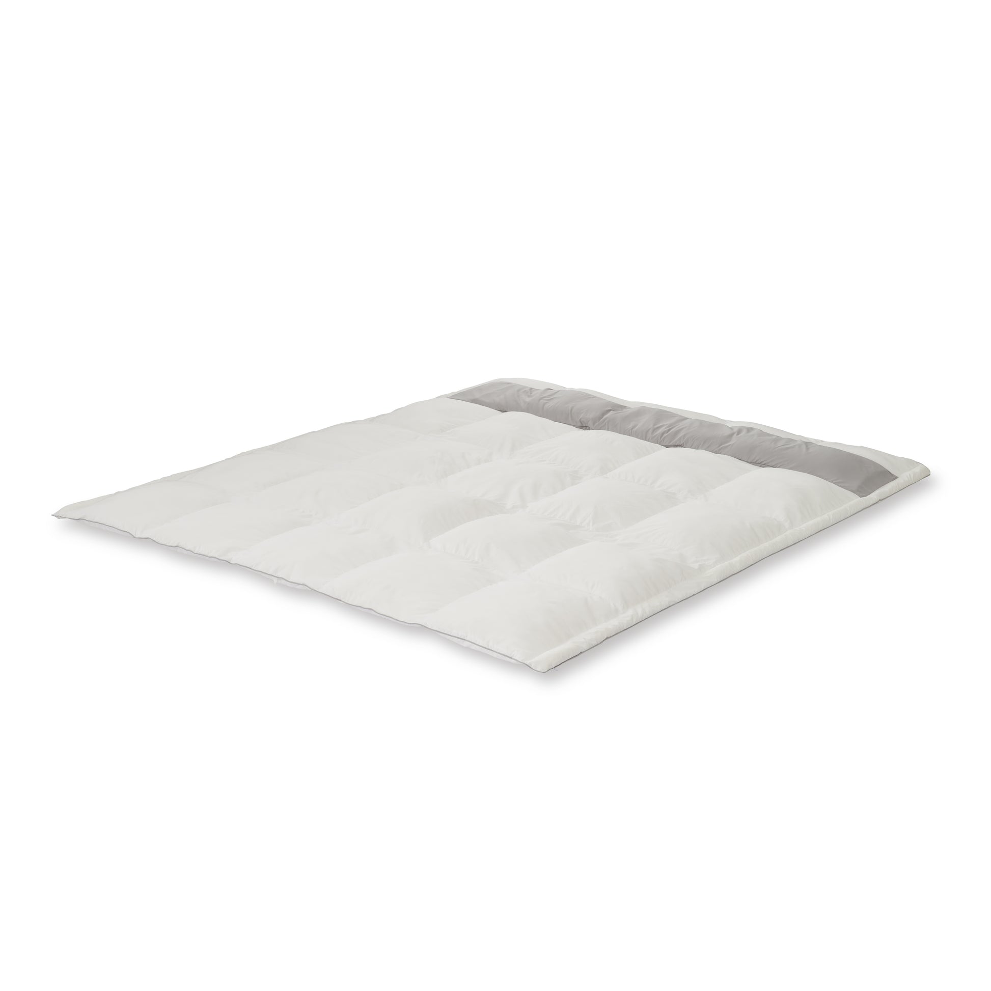 A white quilted comforter-style mattress protector with a gray strip along one edge shown flat on a white background.