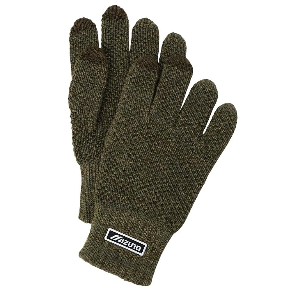A pair of olive-green knit acrylic gloves with a Mizuno logo patch on the cuff.