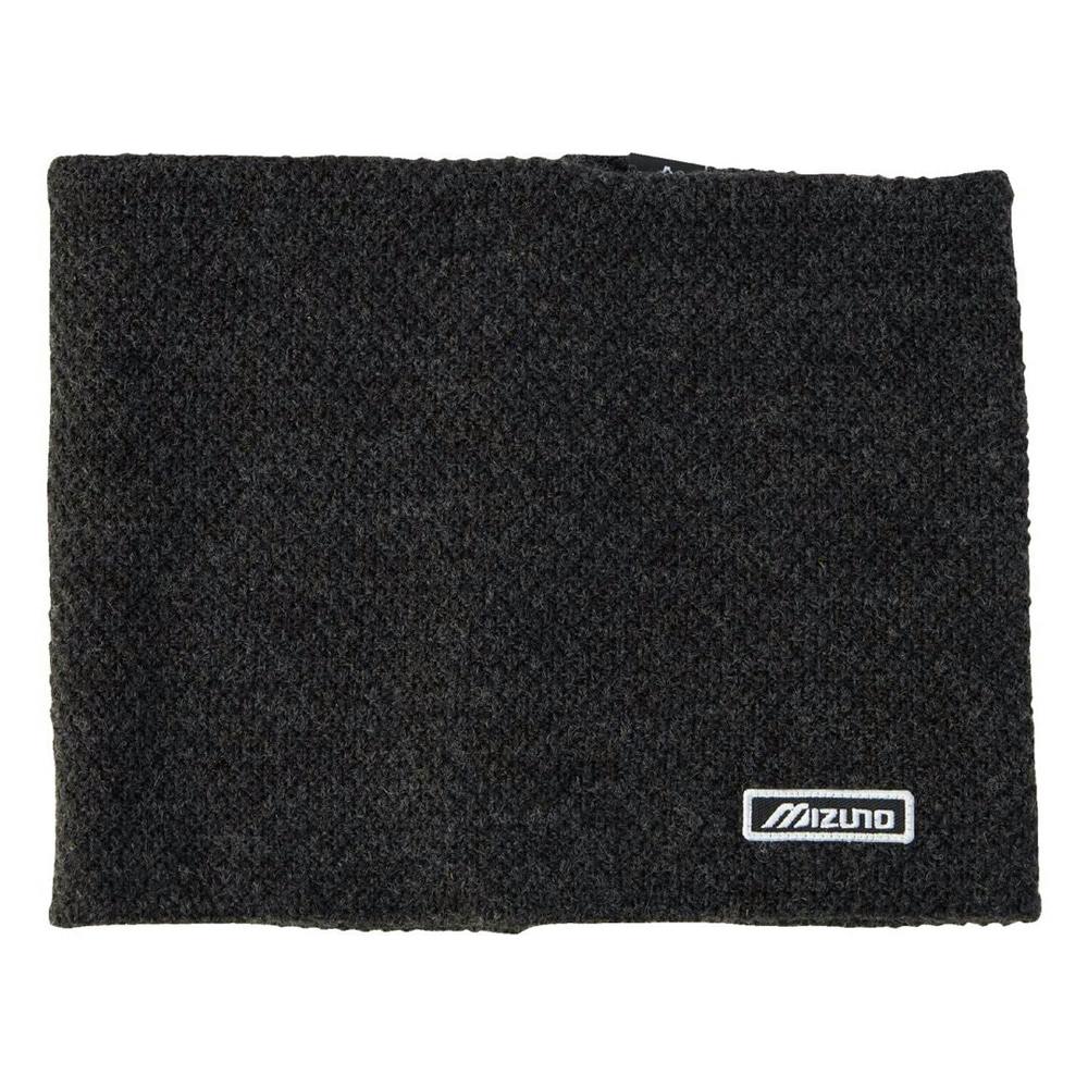 Dark gray knit neck warmer laid flat showing a Mizuno logo patch at the lower right.