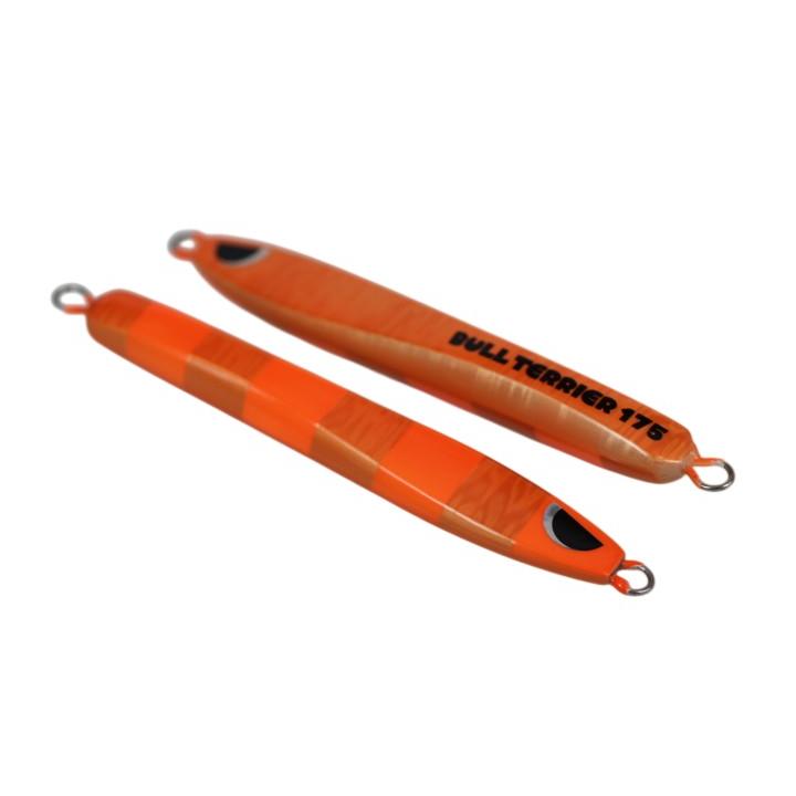 Two orange Bull Terrier 175g fishing jigs (lures) displayed on a white background.