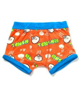 Orange boys' cotton boxer briefs with blue waistband and leg trim, printed dumplings and 'TENSHIN' text.