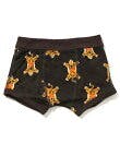 Black children's boxer trunks with an all-over tiger character print on a white background.