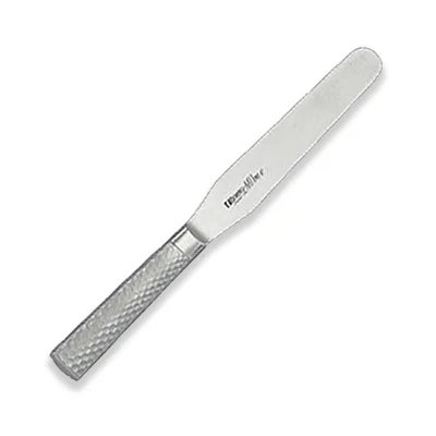 A metal chef palette knife with a textured handle and a rounded blade.