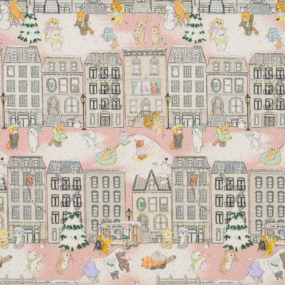 Pink-beige cotton sheeting fabric showing a repeating print of city buildings and small animals.
