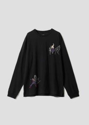 Flat-lay photo of a black long-sleeve T-shirt showing printed graphics on the front.