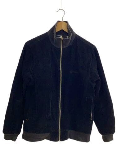 Front view of a black cotton men's jacket hanging on a wooden hanger, showing a full-zip closure and ribbed cuffs.