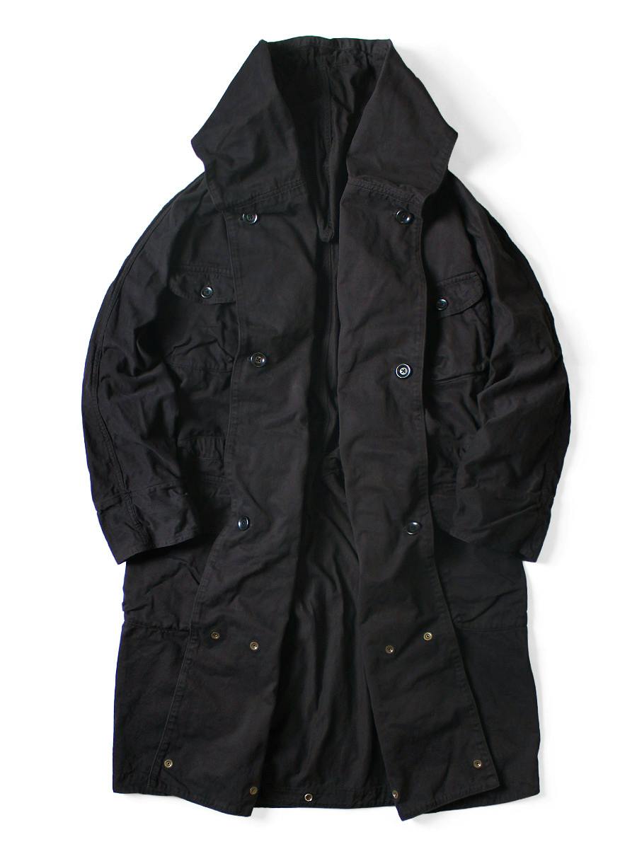 A black men's cotton long coat laid flat showing the front, hood, and button details.