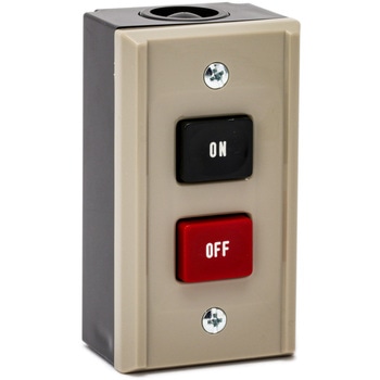 Front view of a beige rectangular control switch enclosure with a black 'ON' pushbutton and a red 'OFF' pushbutton.