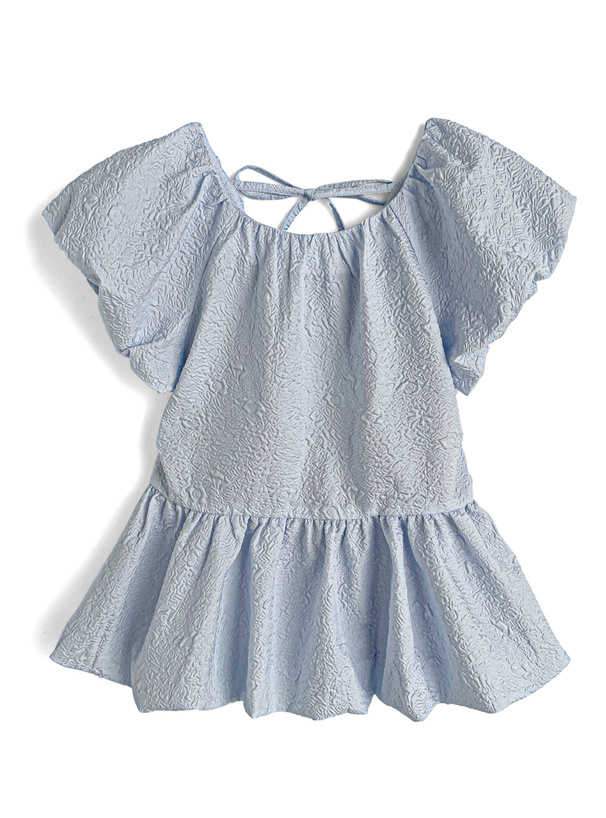 Light blue textured polyester peplum women's blouse with short balloon sleeves and a back tie, laid flat on a white background.