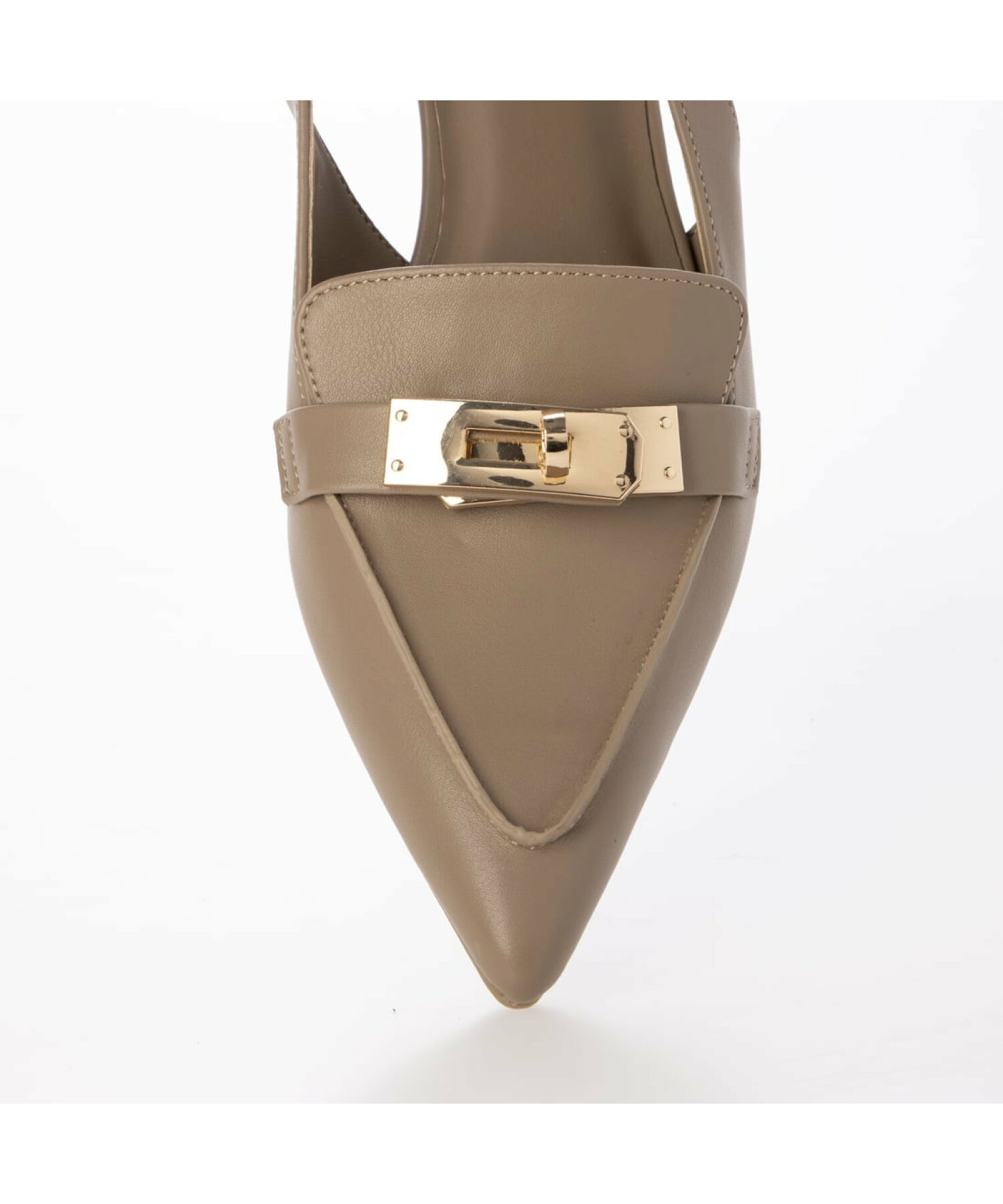 Top close-up of a pointed-toe synthetic leather pump showing the decorative buckle.