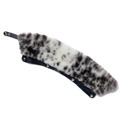 Detachable mouton collar with spotted wool fur and a leather strap with snap buttons shown on a white background.