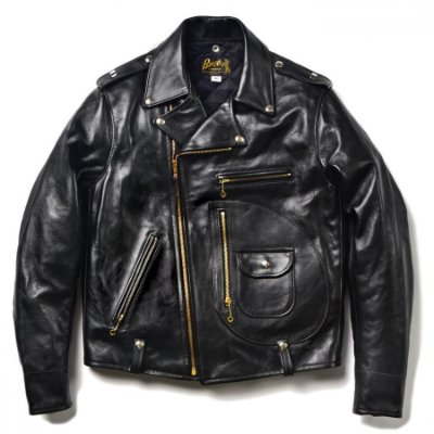 Black BUCO J-24 men's horse-leather jacket with asymmetric zipper and multiple pockets laid flat on a white background.