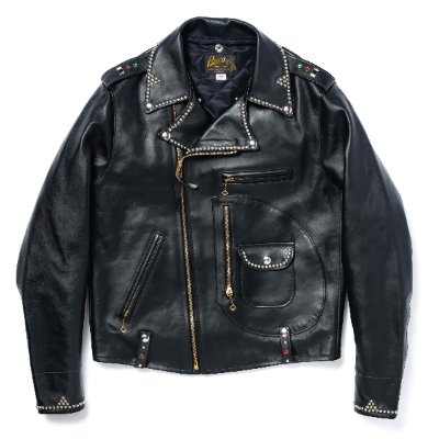 Front view of a men's BUCO J-24 / SMOKY JIM black horse leather jacket with studs and multiple zippered pockets on a white background.