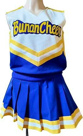 Mannequin displaying a blue and white cheerleader uniform top reading "Bunan Cheer" with a matching pleated skirt.