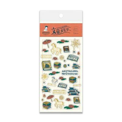 Packaged foil-stamped sticker sheet for Akutagawa Ryunosuke showing multiple small illustrated stickers and a branded header.