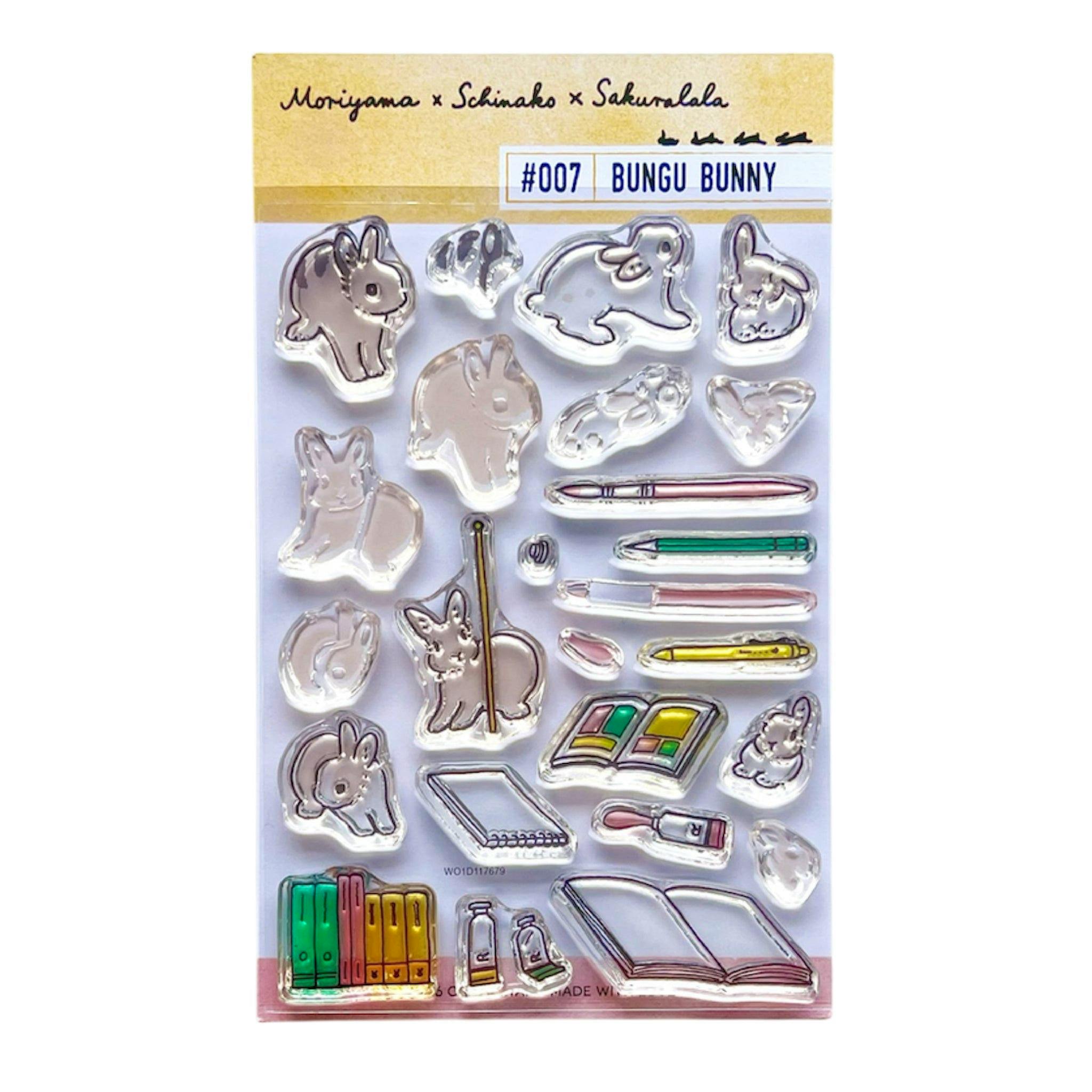 Sticker sheet showing multiple clear bunny-shaped and stationery designs with a "BUNGU BUNNY" header.