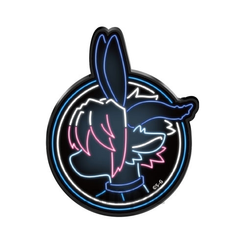 A round neon-style acrylic fridge magnet showing a side-profile silhouette of a bunny-character outlined in blue and pink.