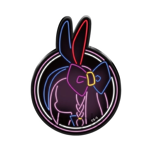 Front view of an acrylic fridge magnet showing a neon-style silhouette of a bunny-eared character with a bow on a circular black background.